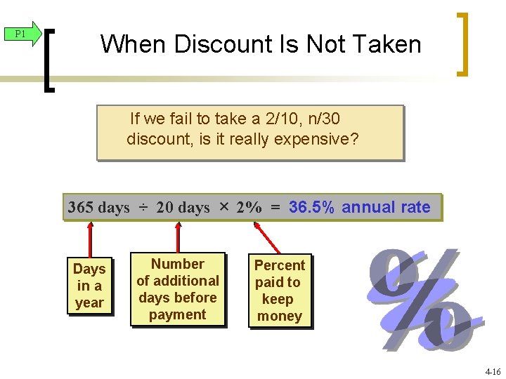 P 1 When Discount Is Not Taken If we fail to take a 2/10, P 1 When Discount Is Not Taken If we fail to take a 2/10,
