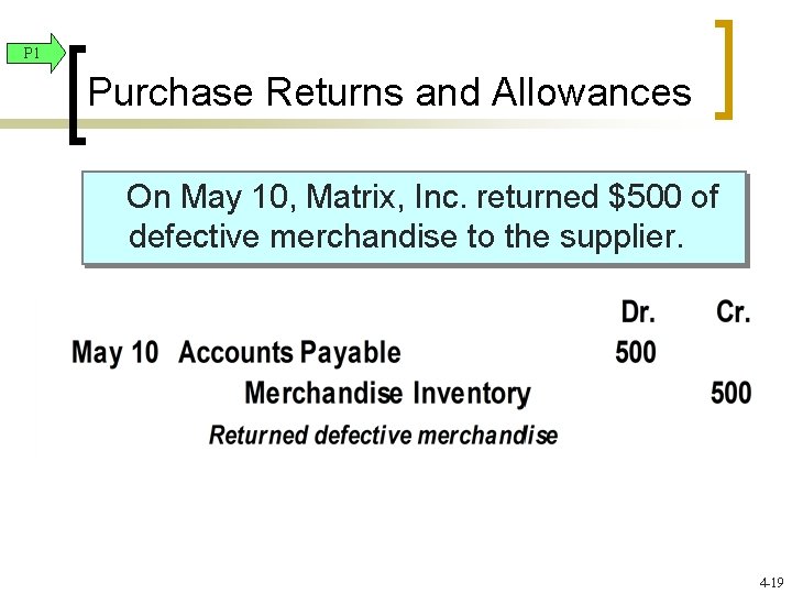 P 1 Purchase Returns and Allowances On May 10, Matrix, Inc. returned $500 of P 1 Purchase Returns and Allowances On May 10, Matrix, Inc. returned $500 of