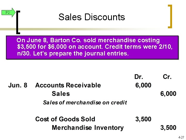 P 2 Sales Discounts On June 8, Barton Co. sold merchandise costing $3, 500 P 2 Sales Discounts On June 8, Barton Co. sold merchandise costing $3, 500