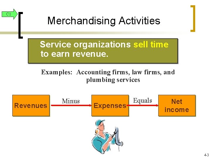C 1 Merchandising Activities Service organizations sell time to earn revenue. Examples: Accounting firms, C 1 Merchandising Activities Service organizations sell time to earn revenue. Examples: Accounting firms,