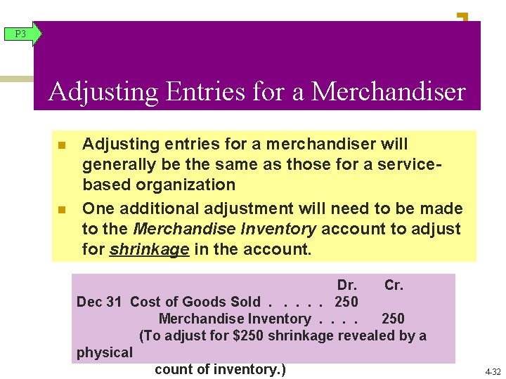 P 3 Adjusting Entries for a Merchandiser n n Adjusting entries for a merchandiser P 3 Adjusting Entries for a Merchandiser n n Adjusting entries for a merchandiser