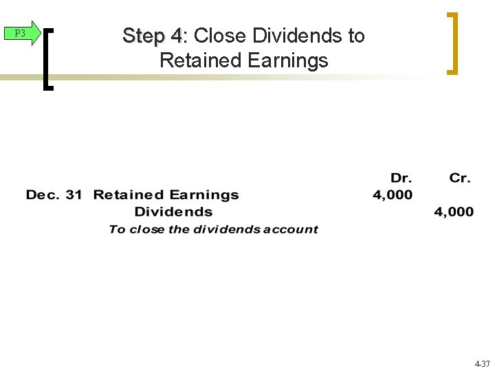 P 3 Step 4: Close Dividends to Retained Earnings 4 -37 P 3 Step 4: Close Dividends to Retained Earnings 4 -37