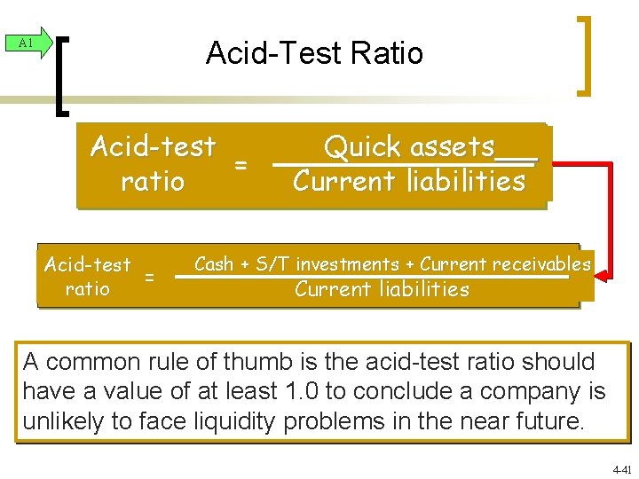 A 1 Acid-Test Ratio Acid-test = ratio Quick assets Current liabilities Cash + S/T A 1 Acid-Test Ratio Acid-test = ratio Quick assets Current liabilities Cash + S/T
