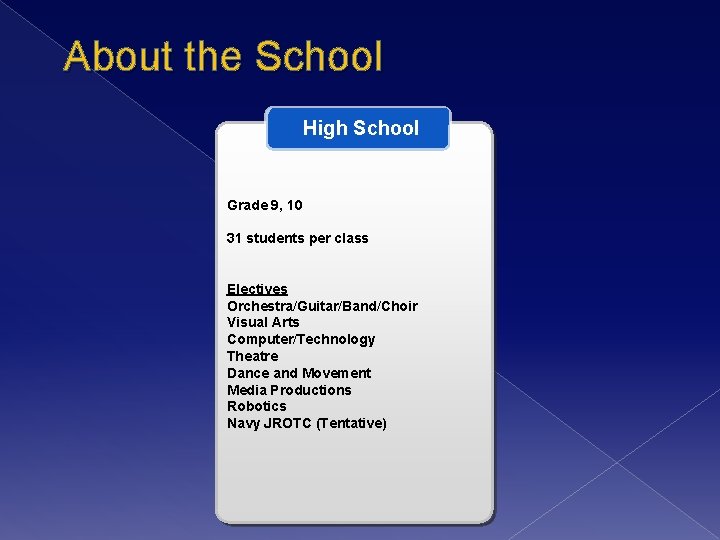 About the School High School Grade 9, 10 31 students per class Electives Orchestra/Guitar/Band/Choir