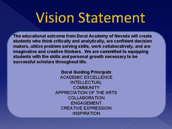 Vision Statement The educational outcome from Doral Academy of Nevada will create students who