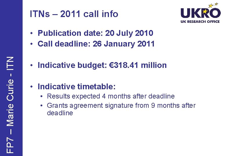 ITNs – 2011 call info FP 7 – Marie Curie - ITN • Publication