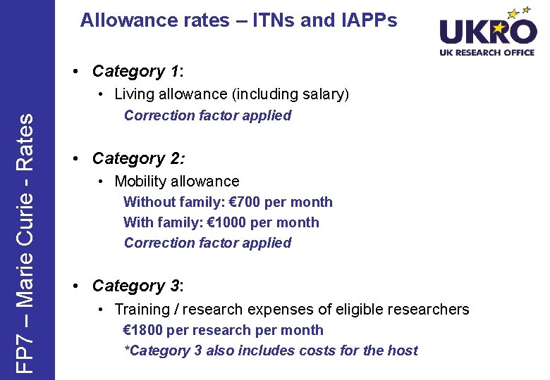 Allowance rates – ITNs and IAPPs • Category 1: FP 7 – Marie Curie