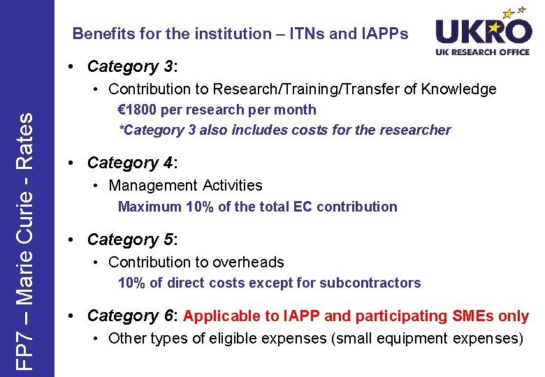 Benefits for the institution – ITNs and IAPPs • Category 3: FP 7 –