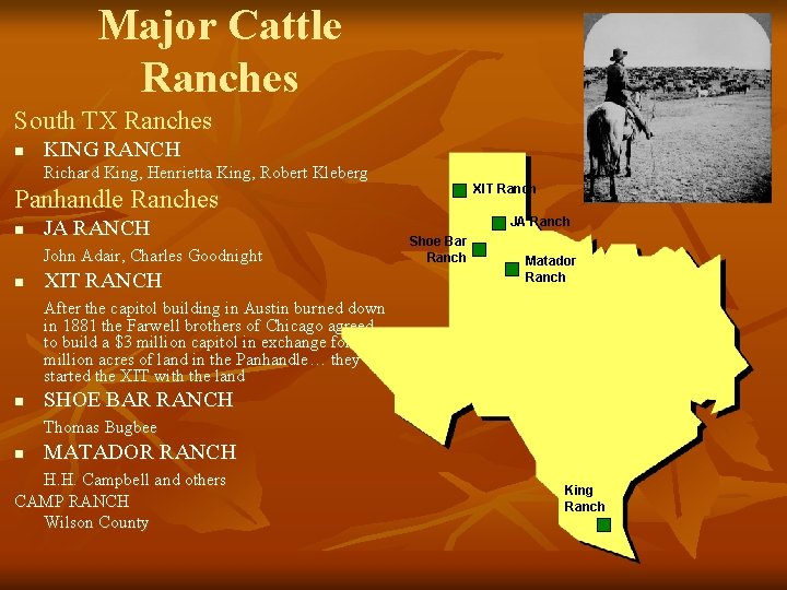 Major Cattle Ranches South TX Ranches n KING RANCH Richard King, Henrietta King, Robert