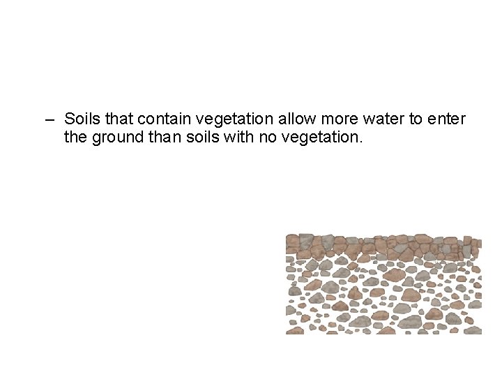 – Soils that contain vegetation allow more water to enter the ground than soils