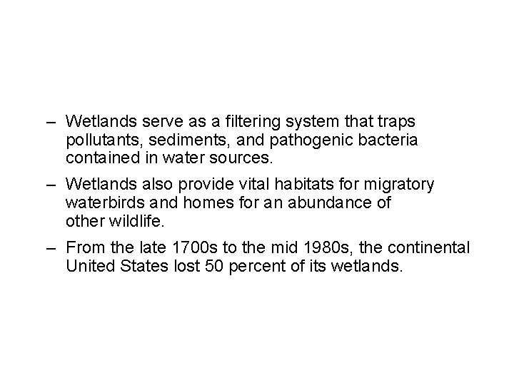 – Wetlands serve as a filtering system that traps pollutants, sediments, and pathogenic bacteria