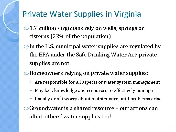Private Water Supplies in Virginia 1. 7 million Virginians rely on wells, springs or