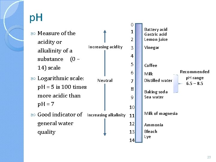 p. H Measure of the acidity or alkalinity of a substance (0 – 14)