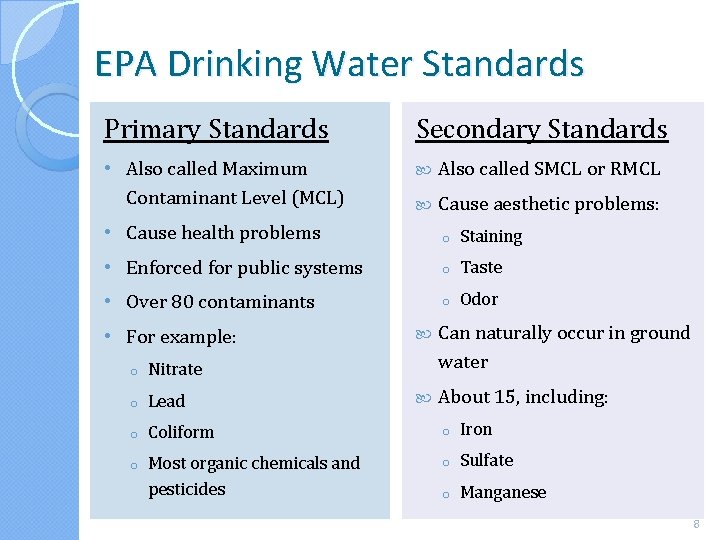 EPA Drinking Water Standards Primary Standards Secondary Standards • Also called Maximum Contaminant Level
