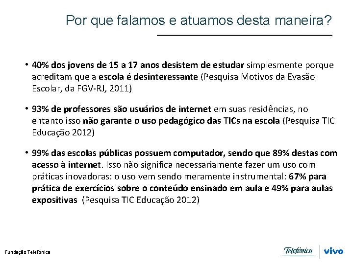 Por que falamos e atuamos desta maneira? • 40% dos jovens de 15 a
