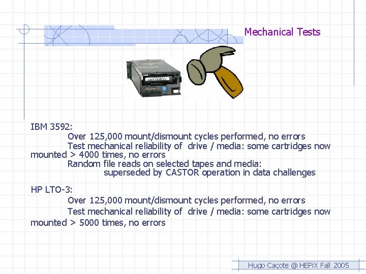 Mechanical Tests IBM 3592: Over 125, 000 mount/dismount cycles performed, no errors Test mechanical Mechanical Tests IBM 3592: Over 125, 000 mount/dismount cycles performed, no errors Test mechanical