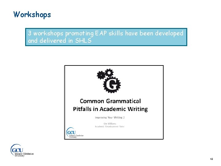 Workshops 3 workshops promoting EAP skills have been developed and delivered in SHLS 10