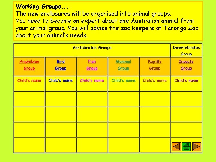 Working Groups. . . The new enclosures will be organised into animal groups. You