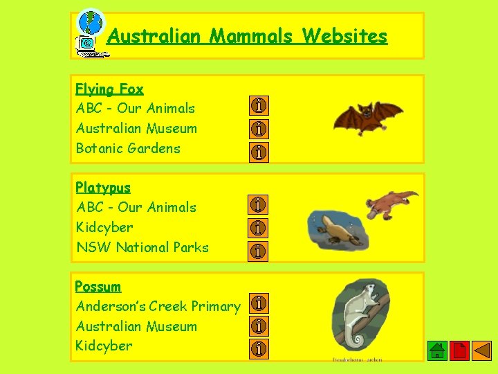 Australian Mammals Websites Flying Fox ABC - Our Animals Australian Museum Botanic Gardens Platypus