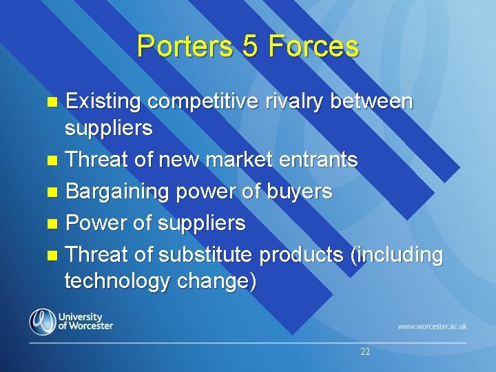 Porters 5 Forces Existing competitive rivalry between suppliers n Threat of new market entrants Porters 5 Forces Existing competitive rivalry between suppliers n Threat of new market entrants