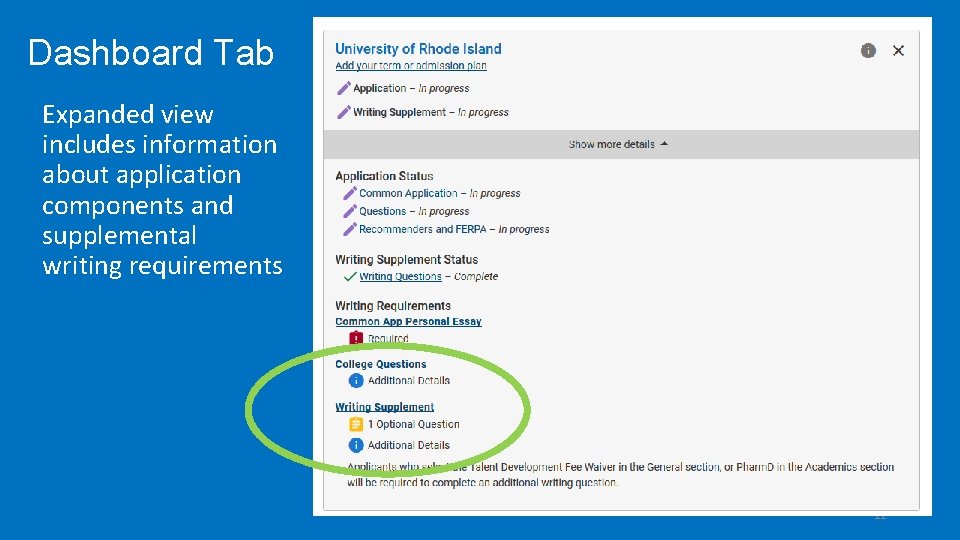 Dashboard Tab Expanded view includes information about application components and supplemental writing requirements 12