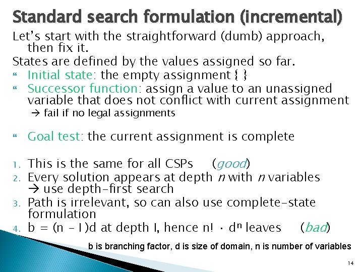 Standard search formulation (incremental) Let’s start with the straightforward (dumb) approach, then fix it.