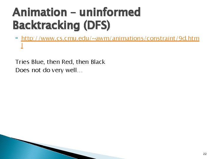 Animation – uninformed Backtracking (DFS) http: //www. cs. cmu. edu/~awm/animations/constraint/9 d. htm l Tries