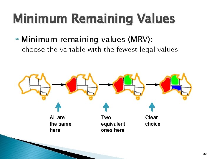 Minimum Remaining Values Minimum remaining values (MRV): choose the variable with the fewest legal