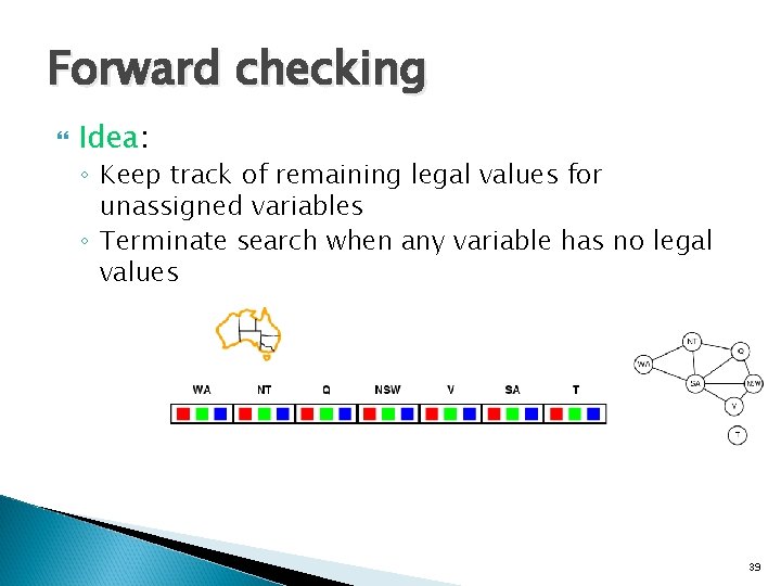 Forward checking Idea: ◦ Keep track of remaining legal values for unassigned variables ◦