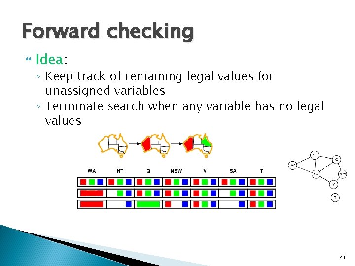 Forward checking Idea: ◦ Keep track of remaining legal values for unassigned variables ◦