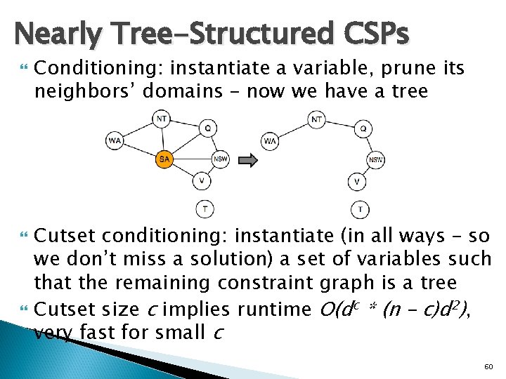 Nearly Tree-Structured CSPs Conditioning: instantiate a variable, prune its neighbors’ domains – now we