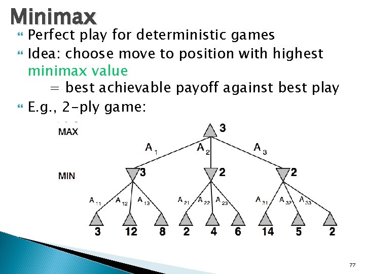 Minimax Perfect play for deterministic games Idea: choose move to position with highest minimax