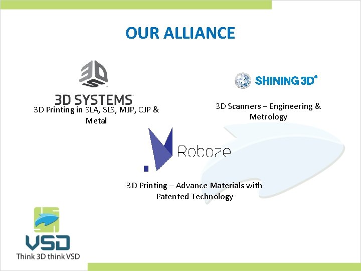 OUR ALLIANCE 3 D Printing in SLA, SLS, MJP, CJP & Metal 3 D