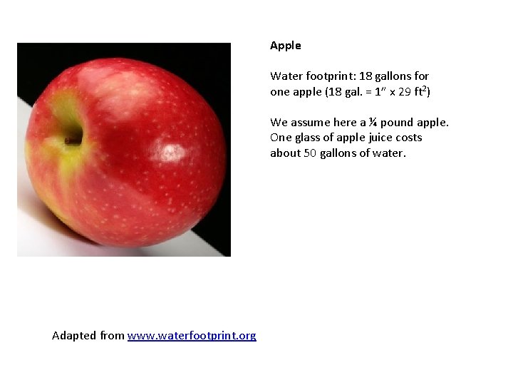 Apple Water footprint: 18 gallons for one apple (18 gal. = 1” x 29