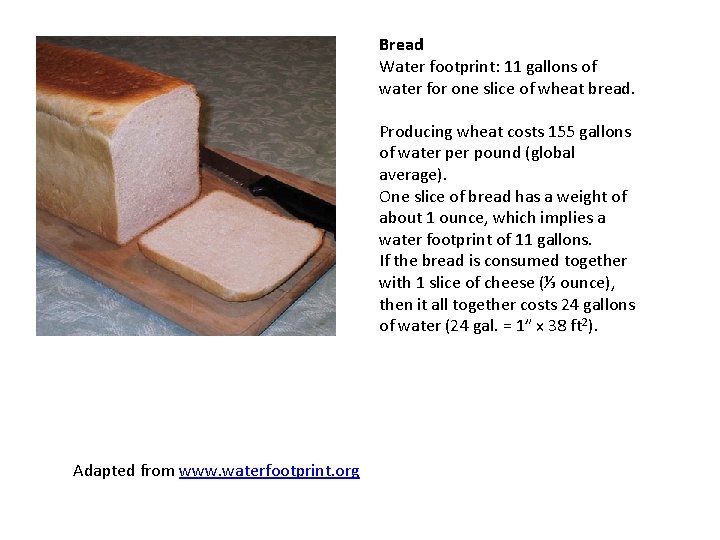 Bread Water footprint: 11 gallons of water for one slice of wheat bread. Producing