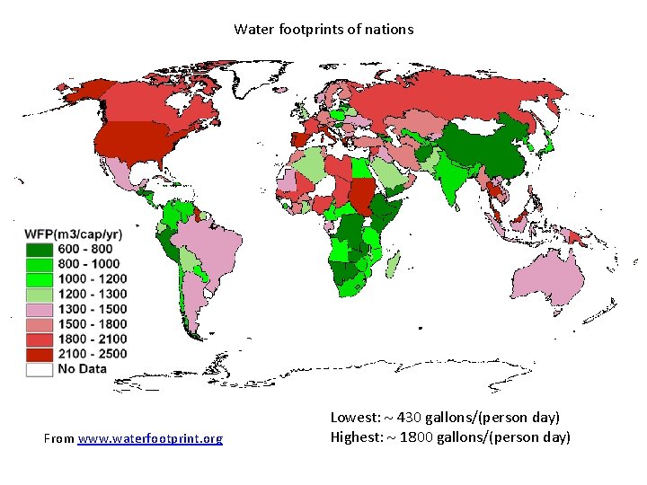 Water footprints of nations From www. waterfootprint. org Lowest: 430 gallons/(person day) Highest: 1800