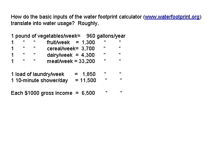 How do the basic inputs of the water footprint calculator (www. waterfootprint. org) translate