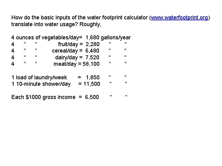 How do the basic inputs of the water footprint calculator (www. waterfootprint. org) translate