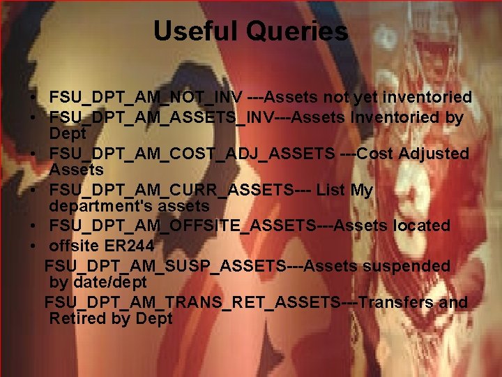 Useful Queries • FSU_DPT_AM_NOT_INV ---Assets not yet inventoried • FSU_DPT_AM_ASSETS_INV---Assets Inventoried by Dept •