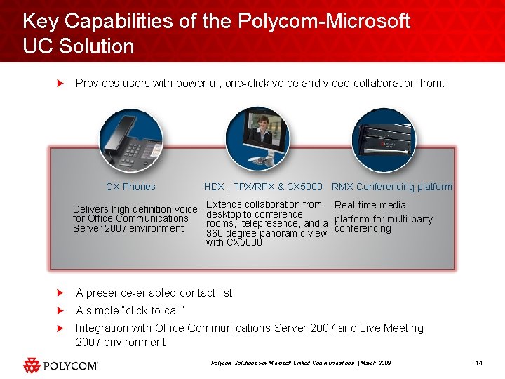 Key Capabilities of the Polycom-Microsoft UC Solution Provides users with powerful, one-click voice and