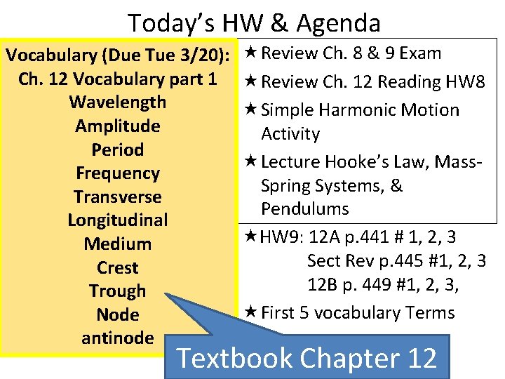 Today’s HW & Agenda Vocabulary (Due Tue 3/20): Ch. 12 Vocabulary part 1 Wavelength