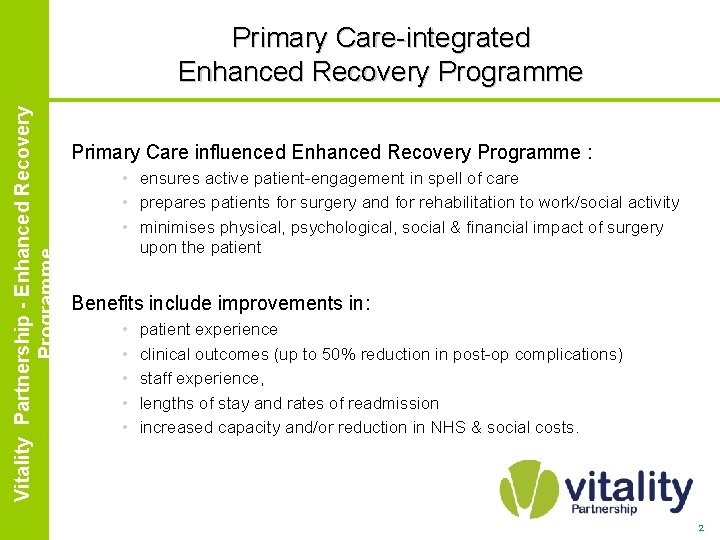 Enhanced Vitality Partnership Recovery Partnership - Enhanced. Programme Recovery Programme Primary Care-integrated Enhanced Recovery