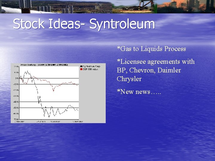 Stock Ideas- Syntroleum *Gas to Liquids Process *Licensee agreements with BP, Chevron, Daimler Chrysler