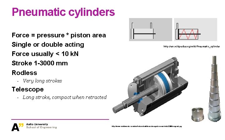 Pneumatic cylinders Force = pressure * piston area Single or double acting Force usually Pneumatic cylinders Force = pressure * piston area Single or double acting Force usually