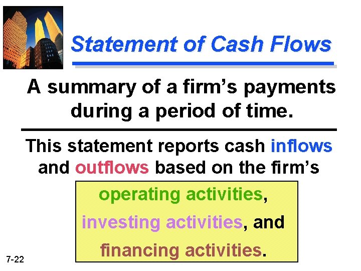 Statement of Cash Flows A summary of a firm’s payments during a period of