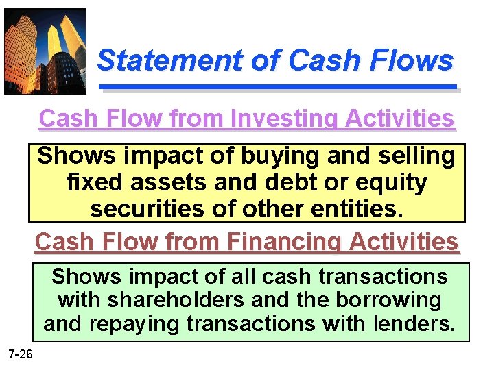 Statement of Cash Flows Cash Flow from Investing Activities Shows impact of buying and