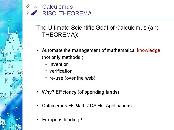 Calculemus RISC THEOREMA The Ultimate Scientific Goal of Calculemus (and THEOREMA): • Automate the