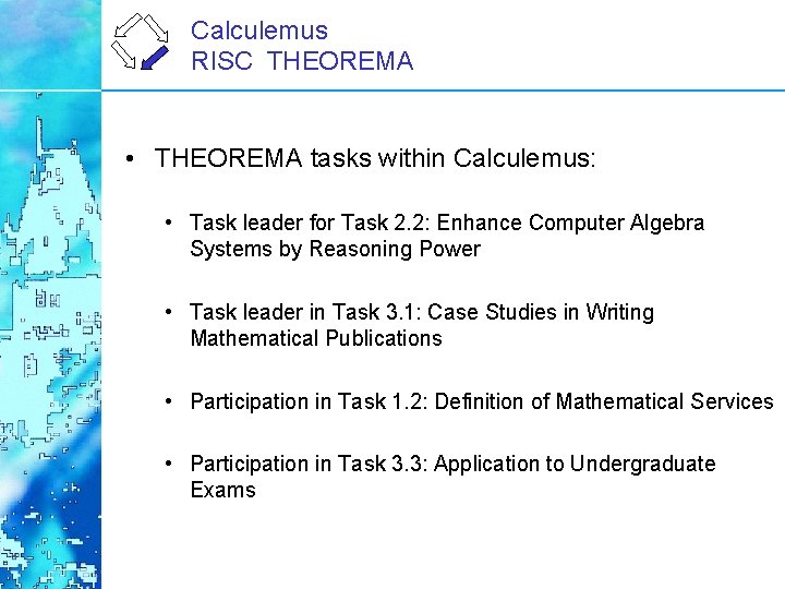 Calculemus RISC THEOREMA • THEOREMA tasks within Calculemus: • Task leader for Task 2.