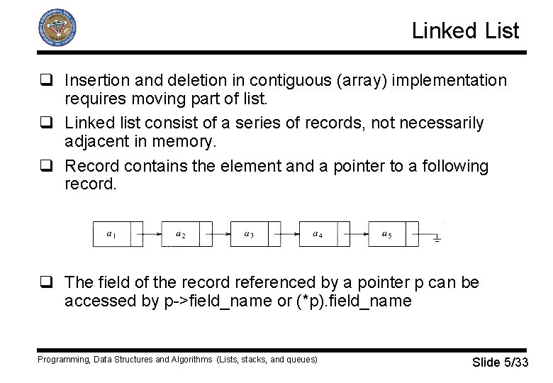 Linked List q Insertion and deletion in contiguous (array) implementation requires moving part of
