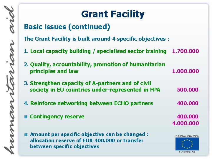 Grant Facility Basic issues (continued) The Grant Facility is built around 4 specific objectives